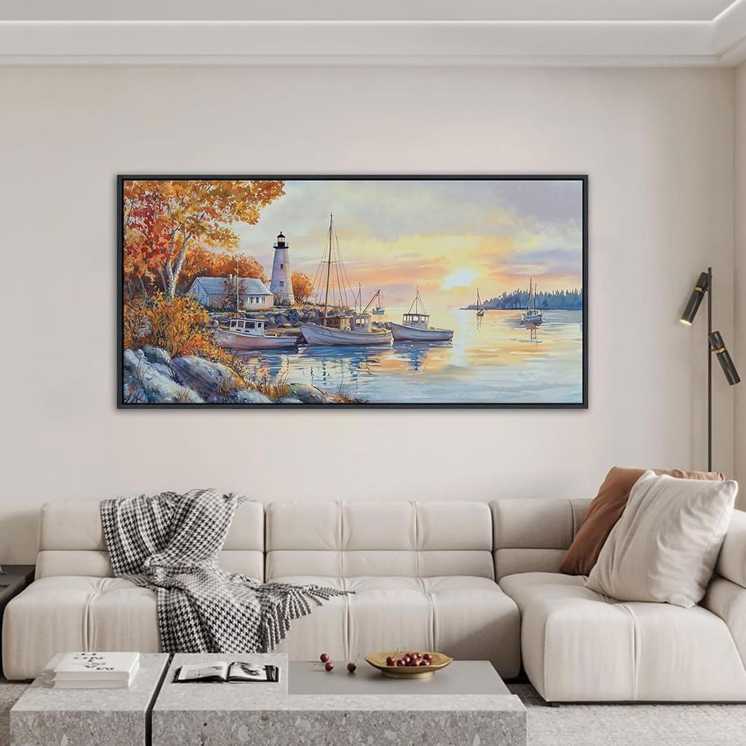 QZQCBLC Sunset Landscape Wall Art, Sea Harbor Lighthouse Ink Paintings Framed Artwork Homeward-bound Boat Soft Tone Wall Pictures for Living room Bedroom Bathroom Home Office Decor 20x40 IN (40L" x 20W", Orange White)
