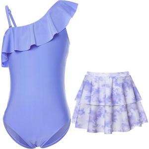 swimsobo Girls One Piece Swimsuit One Shoulder Bathing Suit with Skirt Adjustable Strap Swimwear for Size 5-12 Years (Purple)