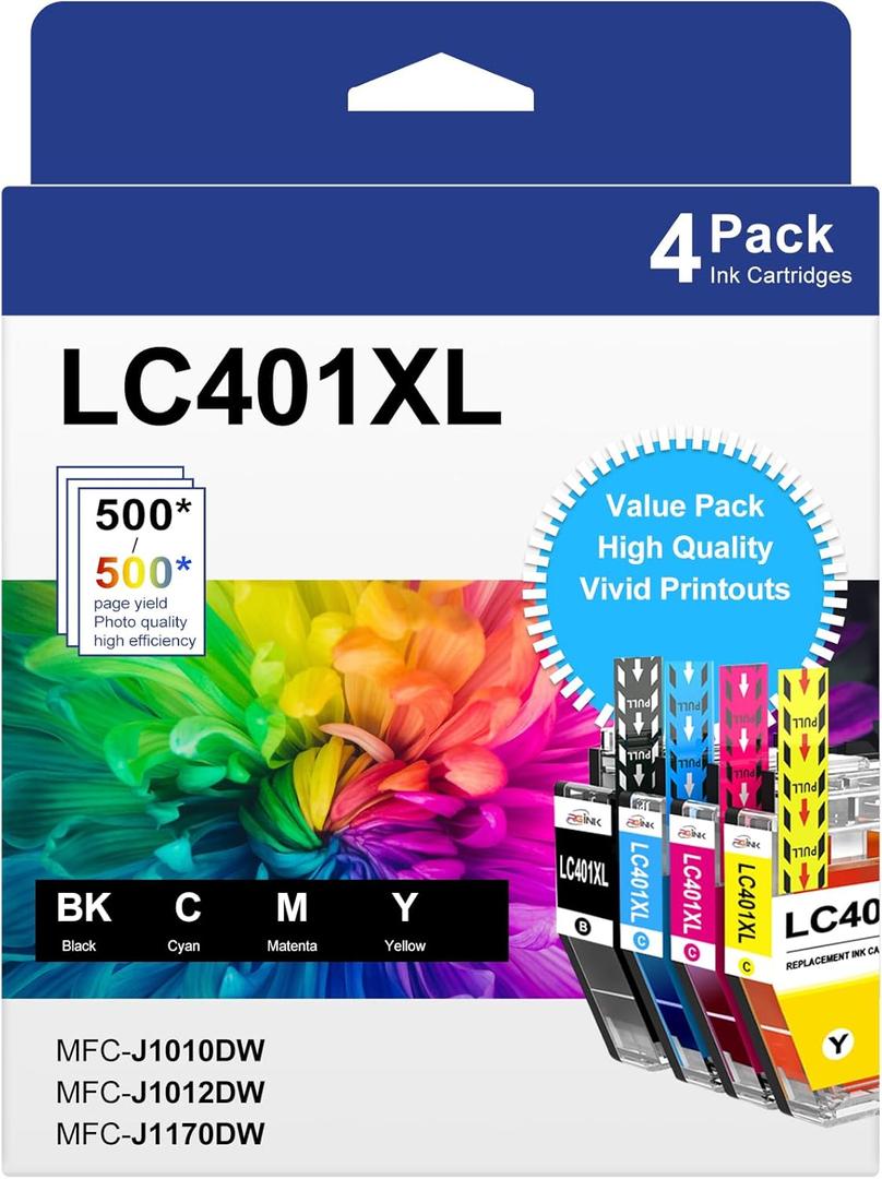 LC401XL Ink Cartridges for Brother Printer Compatible for LC401 Replacement for Brother LC401 Ink Cartridges LC401XL High Yield to use with MFC-J1010DW MFC-J1012DW MFC-J1170DW Printer (4 Pack, XL)