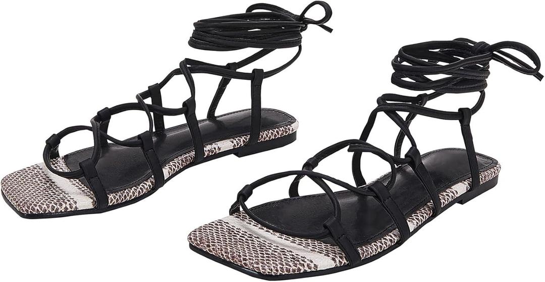 PiePieBuy Womens Lace up Square Toes Flat Sandals with Ankle Strap Summer Criss-Cross Gladiator Shoes Size 7 1/2