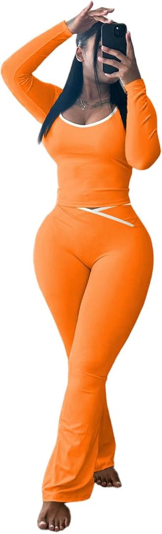 HBQ 2 Piece Sets For Women Casual Contrast Binding Crop Top and Flare Pants Lounge Sets Tracksuit (Orange)2XL