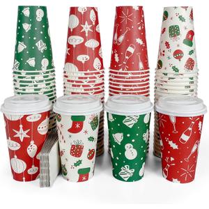 Christmas To Go Coffee Cups with Lids 16 oz Insulated Cups, 100 Packs Hot Cup for Chocolate/Coffee/Tea/Water/Juice, Coffee Bar Accessories with Lid & Sleeve, Christmas Cups Disposable Supplies, 100 sets