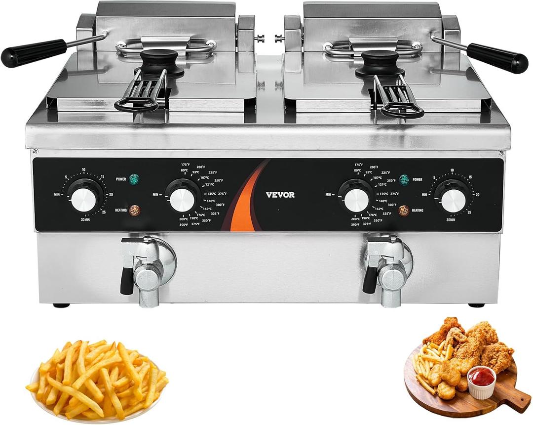 VEVOR Commercial Deep Fryer, 2 x 9Qt / 8.5L Double Oil Fryer with 2 Baskets, 1mm Thickened Stainless Steel, Dual Tank 3500W Electric Countertop Fryer Time & Temp Control, for Kitchen Restaurant Use