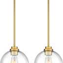 2 Pack Pendant Lights Kitchen Island, 8" Gold Pendant Light Fixtures with Globe Clear Glass Shade, Modern Brass Kitchen Island Lighting for Bathroom, AD-22280-2PL-GD