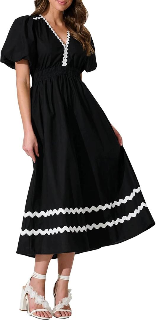 Womens V Neck Short Sleeve Boho Midi Dress Summer Wedding Guest Beach Party Long Dresses Black Small