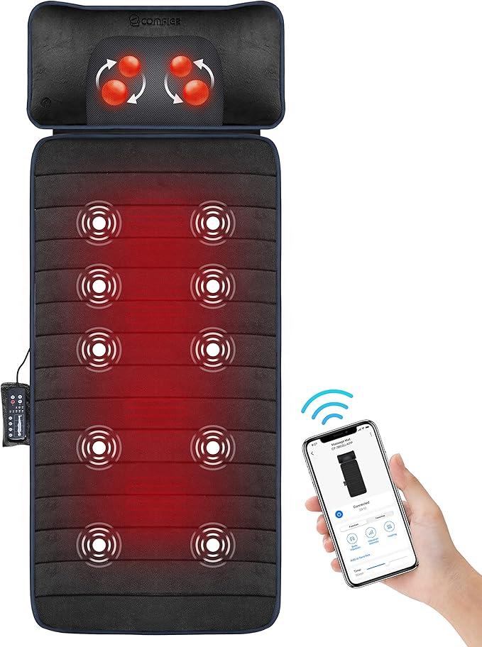 COMFIER Full Body Massage Mat with Heat & Vibration - 10 Motors, App Control, Movable Shiatsu Neck Pillow & 4 Heating Pads for Neck, Shoulders, Back, Black