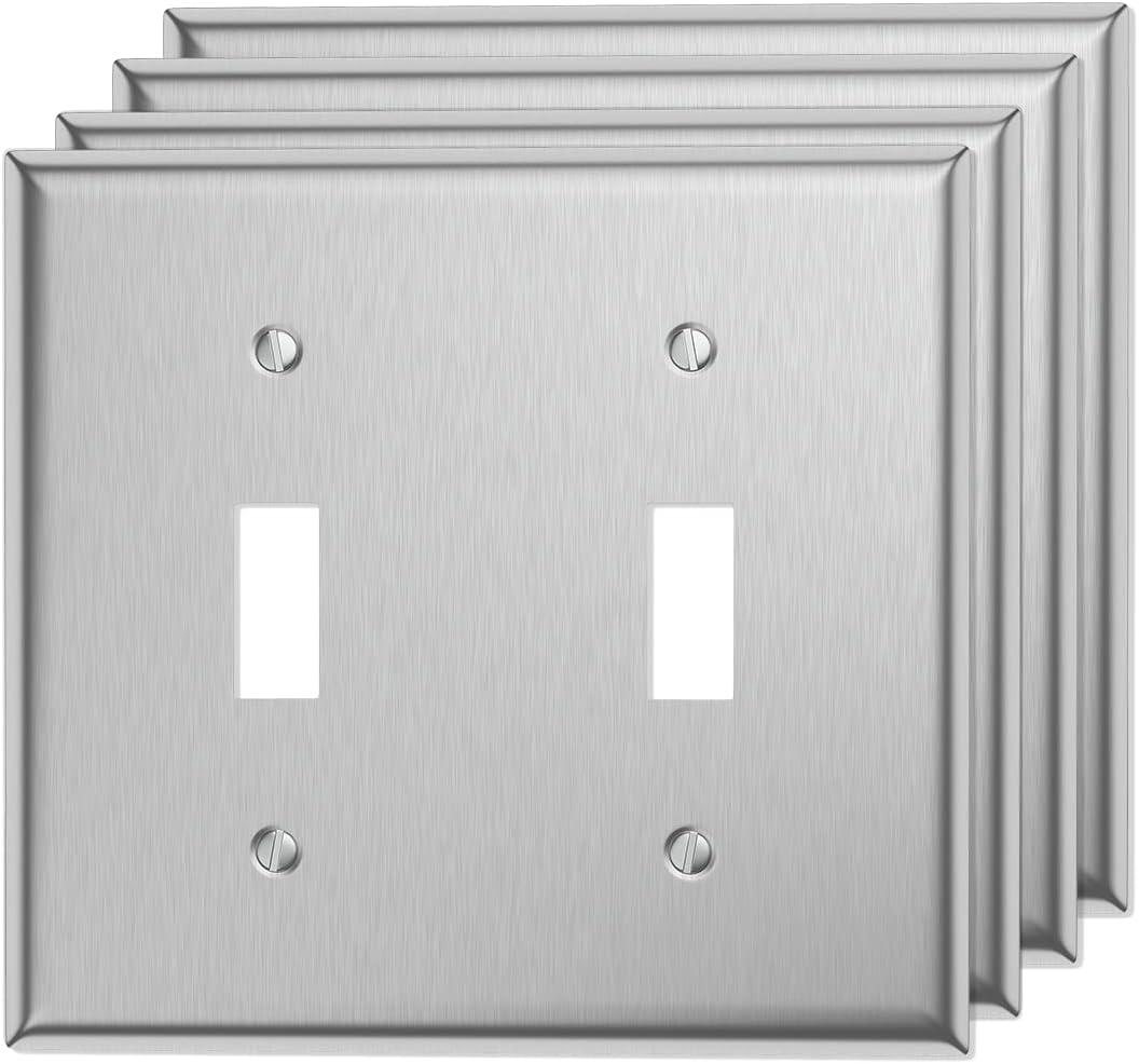 Double Light Switch Cover Metal Wall Plates Toggle Switch Plate Covers 2 Gang Stainless Steel Switch Faceplate, 4-Pack
