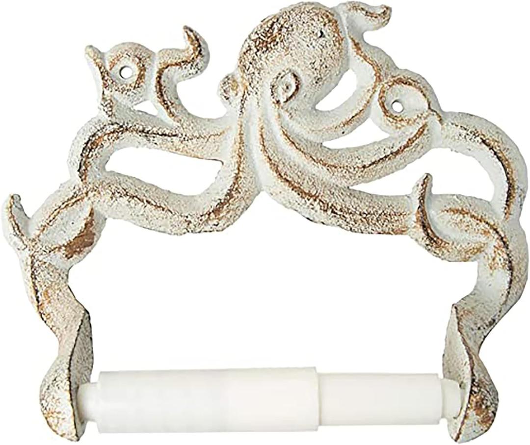 Decorative Cast Iron Octopus Toilet Paper Roll Holder  Wall Mounted Octopus Dcor for Bathroom  Kraken, Nautical Bathroom Accessories  Easy to Install with Included Screws and Anchors - Rust White