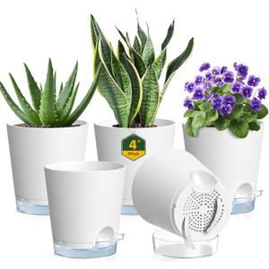 4 inch Self Watering Pots for Indoor Plants, 5 Pack Small Flower Plant Pots with Drainage Holes and Clear Reservoirs, Visible Water Level, Plastic Planters with Wicking Rope, White