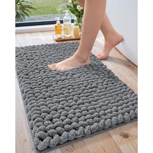 LUMI Luxury Bathroom Rug, Ultra Soft Quick Dry Bath Mat, Non-Slip Absorbent Thick Chenille Bath Rug, Cozy Braid Design Floor Mat for Bathtub, Sink, Laundry, Bedroom, Grey, 17"x30"