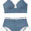 Herseas Women's Splice Ruffle Trim Bikini Sets Tie Side Swimsuits High Waisted Bathing Suits. L Size