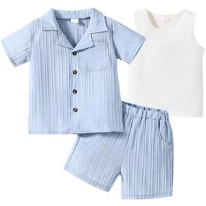 ADXSUN Kid Toddler Boy Clothes Short Sleeve Button-Down Shirt+Shorts+White Vest Summer Clothing Set 6-7 Years