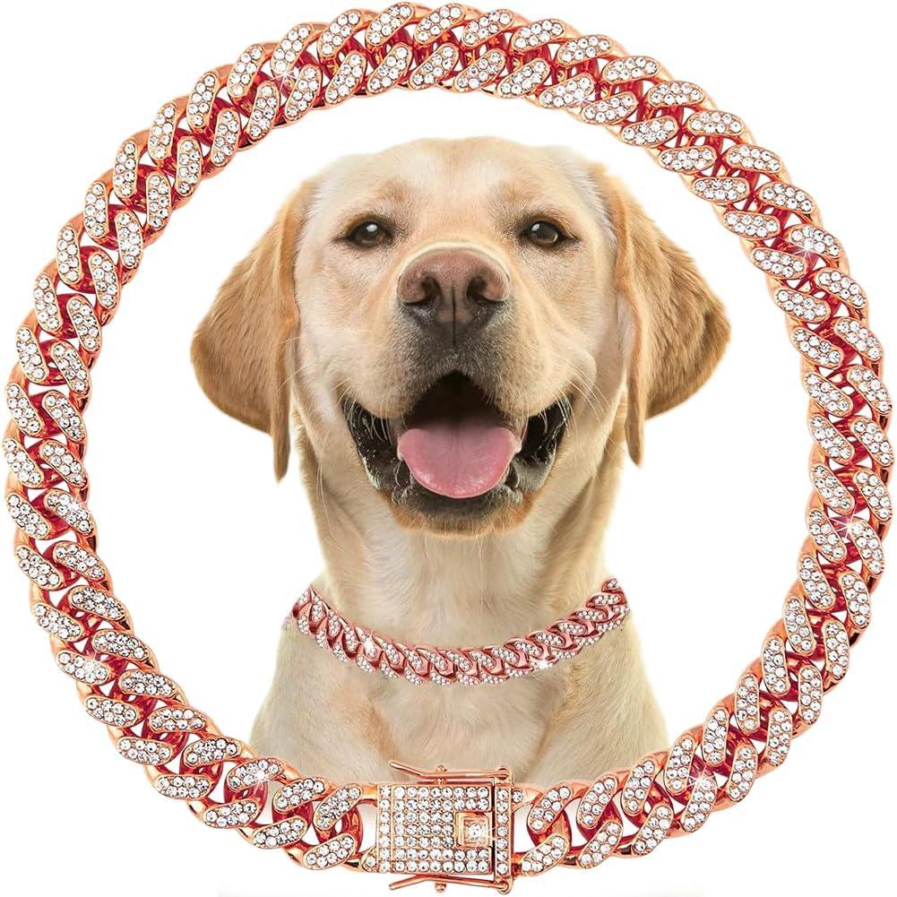 Dog Collars for Small Dogs with Diamond, Bling Metal Cuban Link Dog Collars, Rhinestone Rose Gold Dog Necklace Collar for Small Medium Large Pet Dogs Cats, 10 Inch