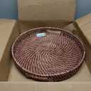 Round Rattan Woven Serving Tray with Handles Ottoman Tray for Breakfast, Drinks, Snack for Coffee Table, Home Decorative (16.9 inch, Honey Brown)