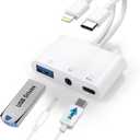 USB-C & Lightning to 3.5mm Headphone Adapter, 3-in-1 USB OTG Camera Adapter & Aux Headphone Splitter, Supports Charging/Audio/Data Transfer for iPhone 16/15/14/13/12, Samsung Galaxy S25/24, Laptops
