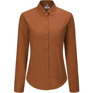 MGWDT Button Down Shirt Women Long Sleeve Blouse Oxford Shirt Classic-Fit Cotton Tops Wrinkle Resistant (2XS-3XL) (XX-Small, Brown)