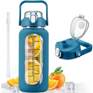 kytffu 64oz Glass Water Bottles with Straw, Half Gallon Motivational Glass Bottle with Silicone Sleeve and Time Marker, 2L Leakproof Large Glass Water Jug for Gym Home Office,Iron Blue