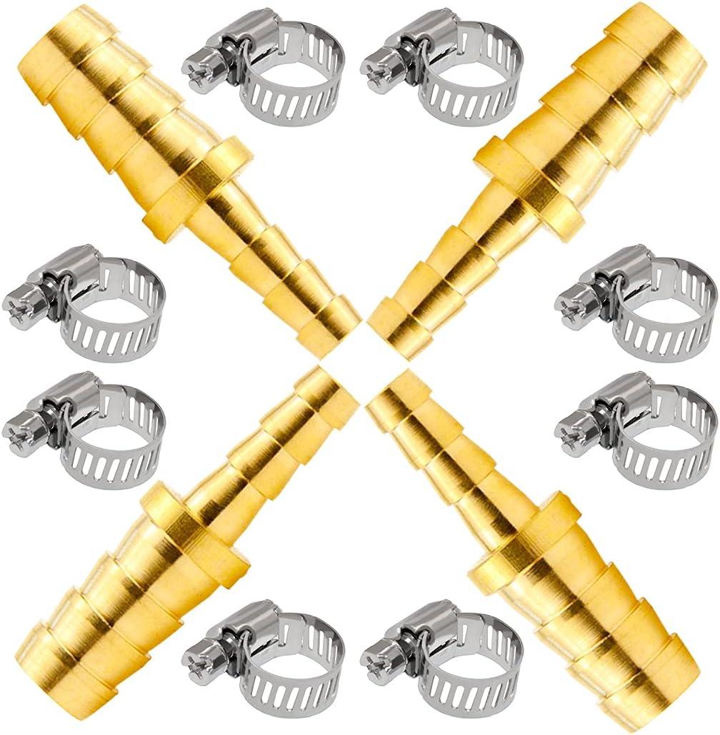 Beduan Brass Hose Barb Reducer, 5/8" to 1/2" Barb Hose ID, Reducing Barb Brabed Fitting Splicer Mender Union Air Water Fuel With 8 Hose Clamp(Pack of 4)