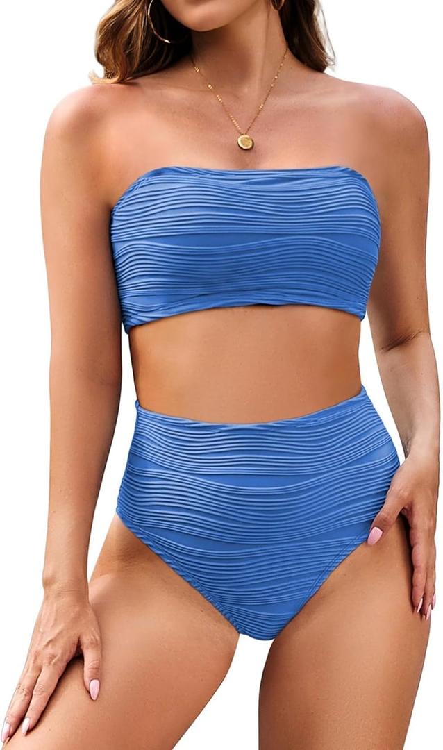Pink Queen Women Bikini Set 2025 Removable Strap Textured Two Piece Swimsuits High Cut Bathing Suits (X-Large, Dodge Blue)