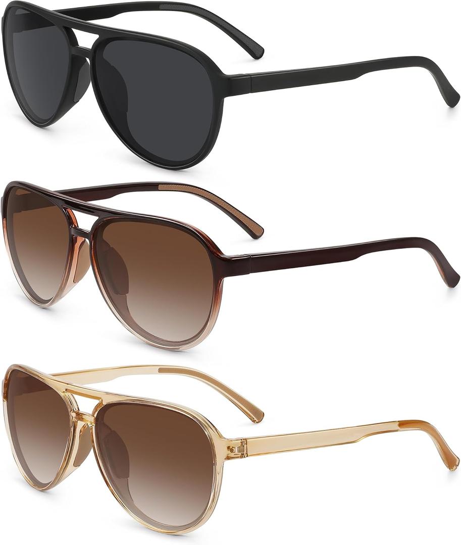 STORYCOAST Polarized Aviator Sunglasses for Men Women Classic Retro Aviators Sports Driving Running Sun Glasses (3 Pack, Black,Light Brown, Gradient Brown)