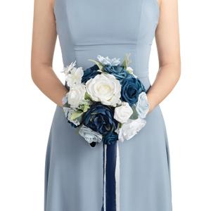 Ling's moment Dsuty Blue Bridal Bouquet for Bride, Navy Blue Wedding Bouquets for Bride Maid of Honor Bridesmaid, 9 Inch Silk Round Artificial Wedding Flowers Bouquets, Small Bridesmaid Bouquet