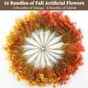 16 Bundles Artificial Mums for Outdoors/Indoors Faux Mums for Outdoor Planters, Eucalyptus Leaves Fall Flowers Artificial for Decoration Boxwood Garden Porch Window Home Wedding (Yellow&red Green)