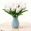 28 Pcs PU Faux Silk Artificial Tulipanes 13.5 Inches - Simulation Flowers for Spring Easter Celebration Mothers Day Brunch Table DecorWhite