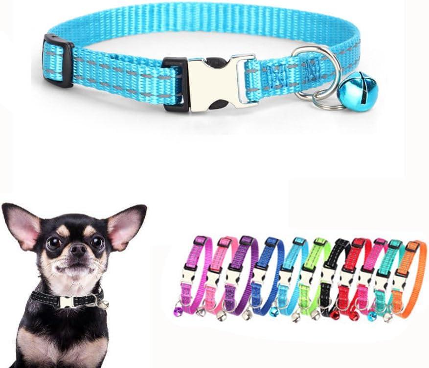 Extra Small Dog Collar with Bell, Reflective Nylon Metal Buckle Quick Release Puppy Collars for Little Pet Male Dogs Boy Cat Kitten Animal, Light Blue XS (XS for Neck 7.5-11")