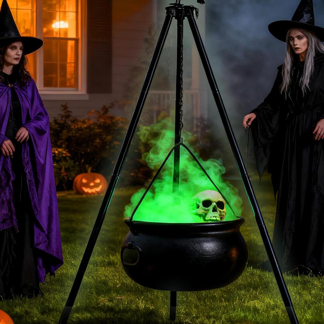 Witches Cauldron Large Outside,Halloween Decorations Outdoor Indoor - Giant Bowl on Tripod with Lights & Skull Crow,Witch Decor Pot Hocus Pocus Black Plastic Candy Bucket for Yard Porch Home