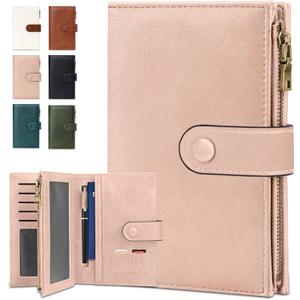 BKNOOU RFID Passport Holder Travel Wallet for Women, Compact Travel Passport Wallet with Zippered Coins Pocket, Leather Passport Cover Travel Wallet for Travel Essentials (Pink)