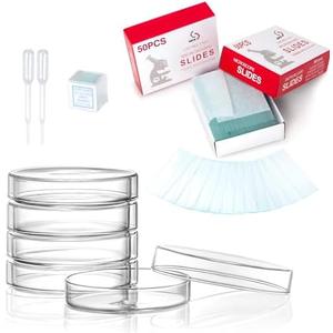 Sterile Plastic Petri Dishes Set, 50 Pcs Blank Microscope Slides, 100 Pcs 20x20mm Square Cover Glass, 5 Pcs 90mm Diax15mm Deep Lab Petri Plate Dish with Lid and 10 Test Pipette Droppers