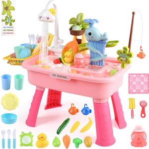 Upgraded Water Table for Toddlers 1-3 with Electric Water Pump, Kids Water Table with Faucet, Play Food Accessories Fishing Toy, Kitchen Play Sink Toys for Girl Boy (Pink)