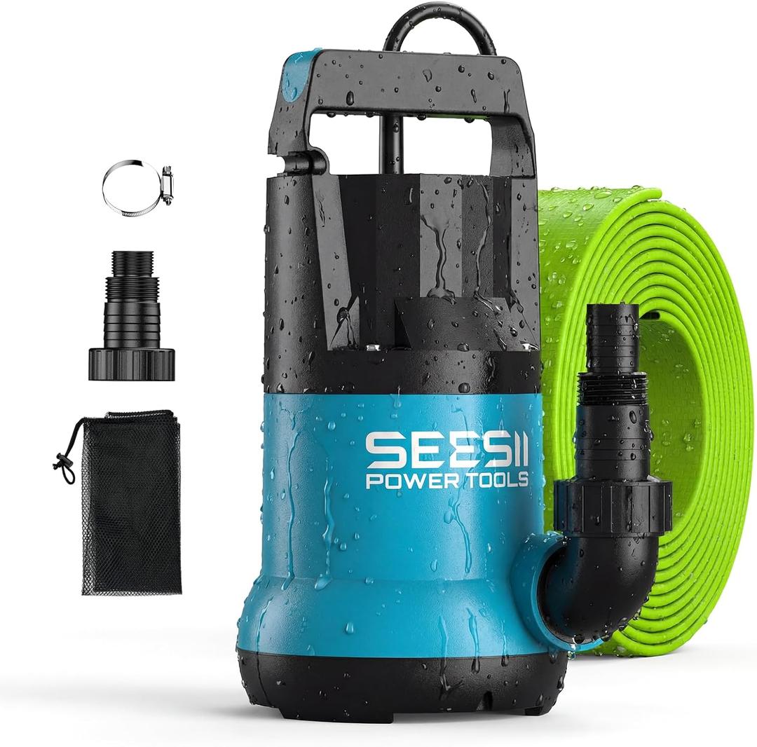 SEESII 1HP Submersible Water Pump, 4755GPH High Flow Sump Pump with 23ft Hose Kit, Anti-Clogging Filter Net for Swimming Pool Hot Tub Pond Basement Rooftop Garden Water Removal (Blue and Black)