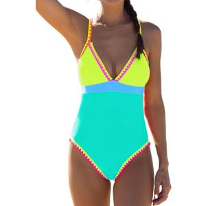 popvil One Piece Swimsuit 2025 Tummy Control Women Bathing Suit Shapewear Swimsuits Slimming Neon Cute Tie Back Swimwear (Medium, Colorblock5)