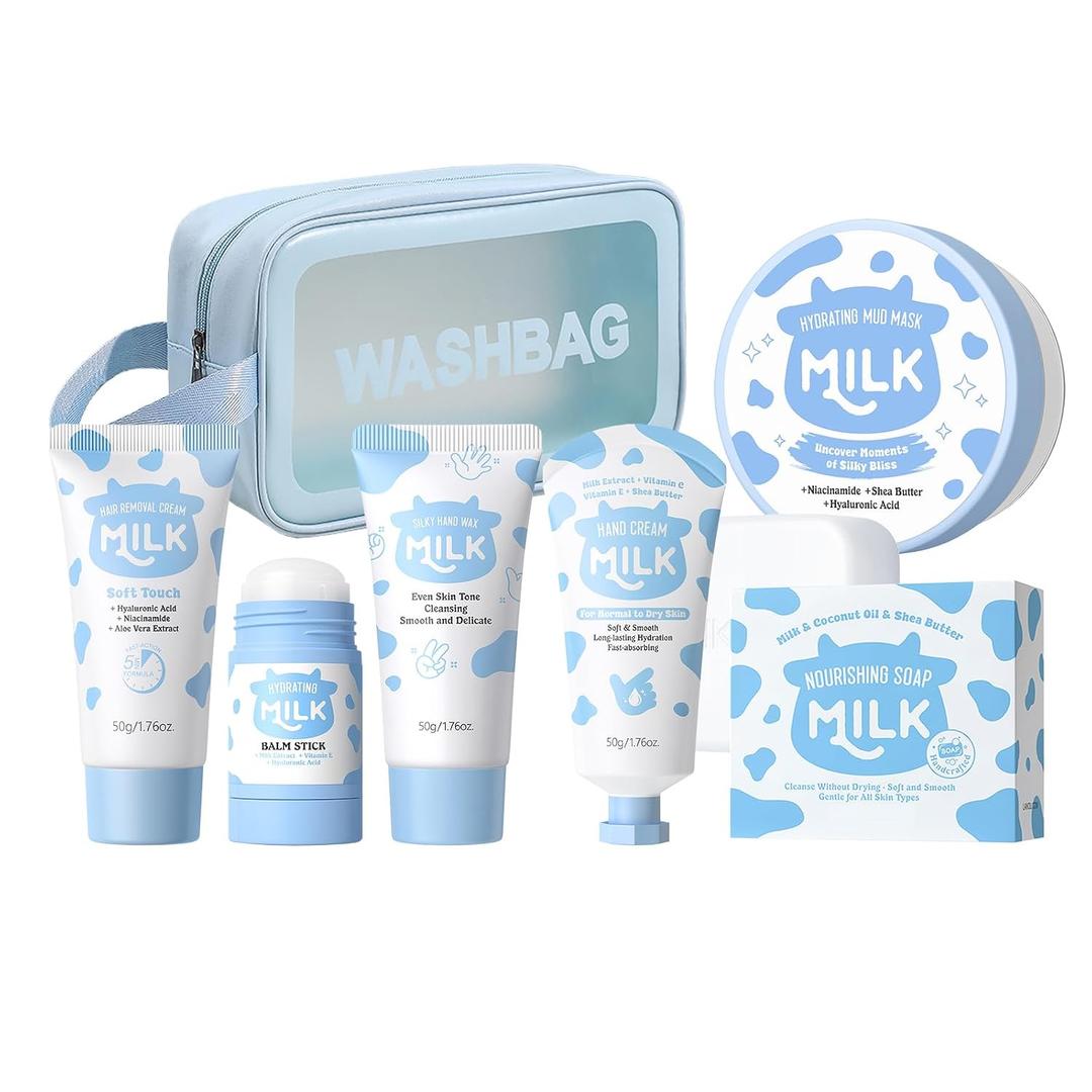 Milk Skincare Set 7-in-1 for Kids & Teens Girls, Gentle Milk Extract Bathing Cleaning Kit with Hand Cream, Hand Wax, Nourishing Soap, Mud Mask, Hydrating Balm Stick, Hair Removal, Makeup Bag(Set C)