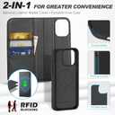 SHIELDON Case for iPhone 15 Pro, Genuine Leather Detachable Wallet Wireless Charging Folio Magnetic Kickstand RFID Blocking Card Slots Shockproof Case Compatible with iPhone 15 Pro 6.1" - Black