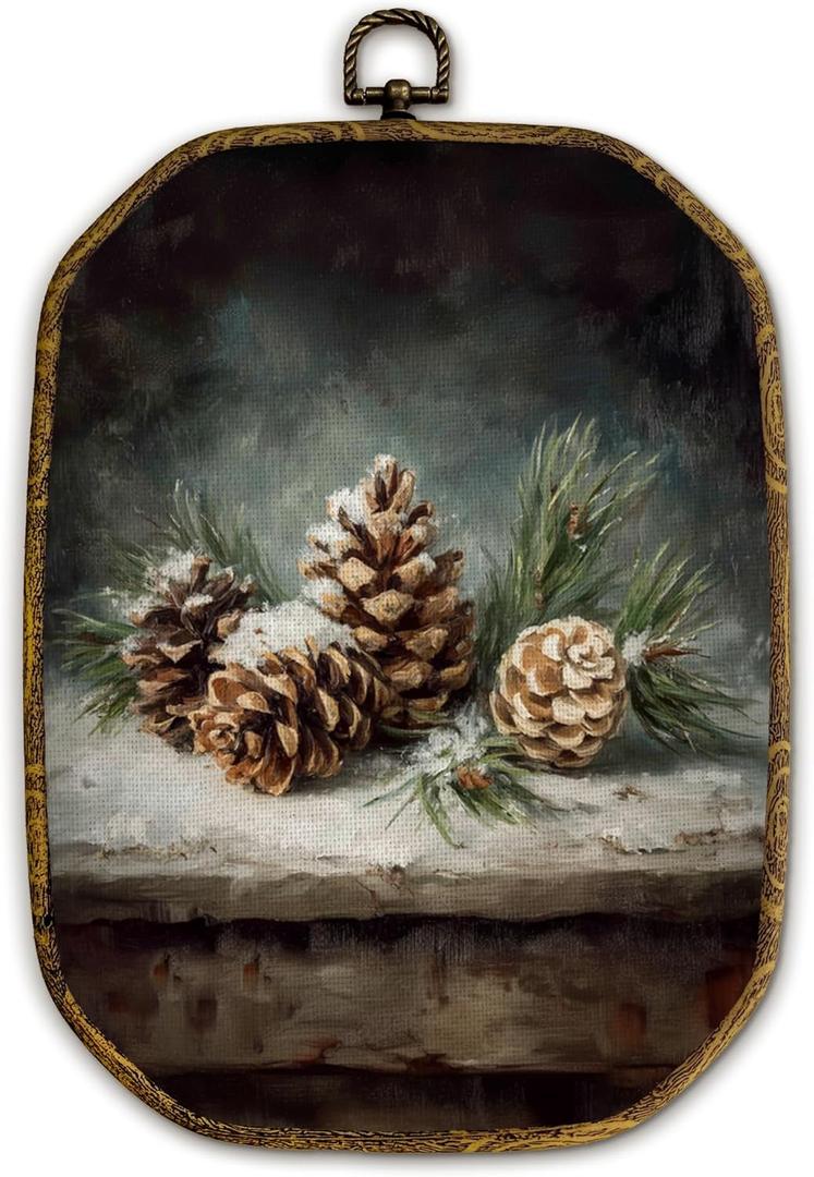 Yjeslw Vintage Christmas Pine Cone Octagon Wall Art Decor, Rustic Christmas Framed Canvas Prints, Holiday Winter Xmas Botanical Wall Hanging Decorations for Home Living Room Decor, 10.2x7 Inches (strobile)