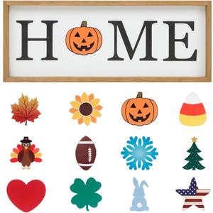 Interchangeable HOME Seasonal Tabletop Sign with 12 Pcs Seasonal Icons Wooden HOME Sign for All Seasons Shelf Mantel Windowsill Decor