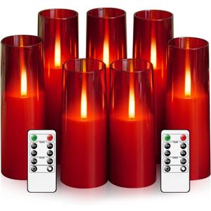 Flameless LED Candles Upgraded Realistic Flickering Flame,7Pcs Battery Operated Candles with Remote Timers,LED Pillar Candles for Home Decor,Christmas,and Parties(Red)