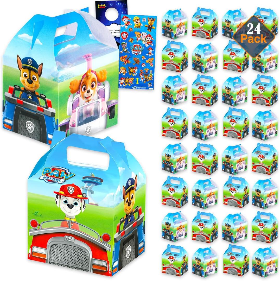 Paw Patrol Treat Boxes Set for Celebrations - Bundle with 24 Favor Boxes for Birthdays, Prizes, Plus Stickers, More | Paw Patrol Party Favors for Boys, Girls