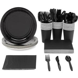 Juvale 144 Piece Black Party Supplies - Serves 24 Disposable Black Paper Plates, Napkins, Cups, and Cutlery, Ideal Party Table Decorations for Birthdays, Halloween Parties & Graduation