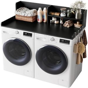 2-Tier Washer Dryer Countertop with Shelves & Metal Hooks, 54" W x 27.5" D Large Laundry Topper for Room Organization & Folding Clothes & Storage(Black)
