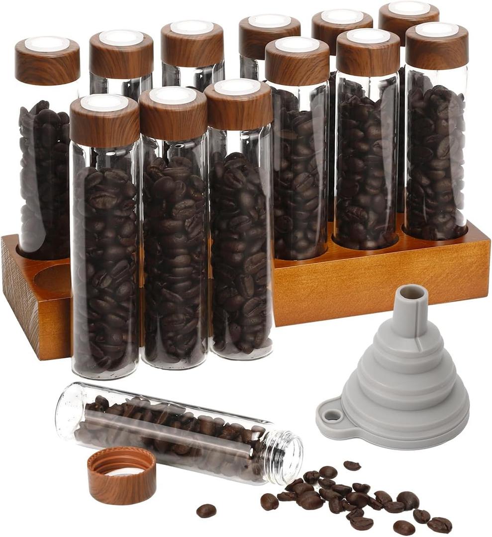 12 Pcs Single Dose Coffee Bean Storage Tubes, Coffee Bean Container for Espresso with One-Way Valve, Espresso Storage kit with Walnut Stand, Collapsible Silicone Funnel & Labels