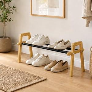 TIFFLOI 1-Tier Bamboo Shoe Rack Stackable, Shoe Organizer for Entryway and Closet, Modular Small Shoe Storage Shelf, Space-Saving Free Standing, Holds 4-6 Pairs of Shoes, Natural