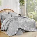 DJY Queen Comforter Set, Grey Botanical Floral Bedding Comforter Sets Queen Size for All Seasons, 7 Pieces Bed in a Bag Lightweight Microfiber Comforter Set with Sheets Pillowcases & Shams