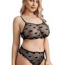 SOLY HUX Women's Mesh Sheer See Through Lingerie Set Sexy Lace Bra and Panty 2 Piece Black Heart 3X-Large Plus