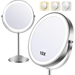 Flymiro Lighted Makeup Mirror,1x/10x Magnifying Vanity Mirror with Light,3000 mAh Rechargeable Light up Mirror,3 Colors Brightness Adjustable, 2-Sided, 8" Round,360 Rotation, Gift for Women