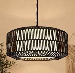 9"-52" Height Adjustable Farmhouse Chandelier Light Fixture, 5-Light Rattan Boho Chandeliers for Dining Room, Hand Woven Pendant Light with Linen Shade, Rustic Hanging Lighting for Kitchen Island