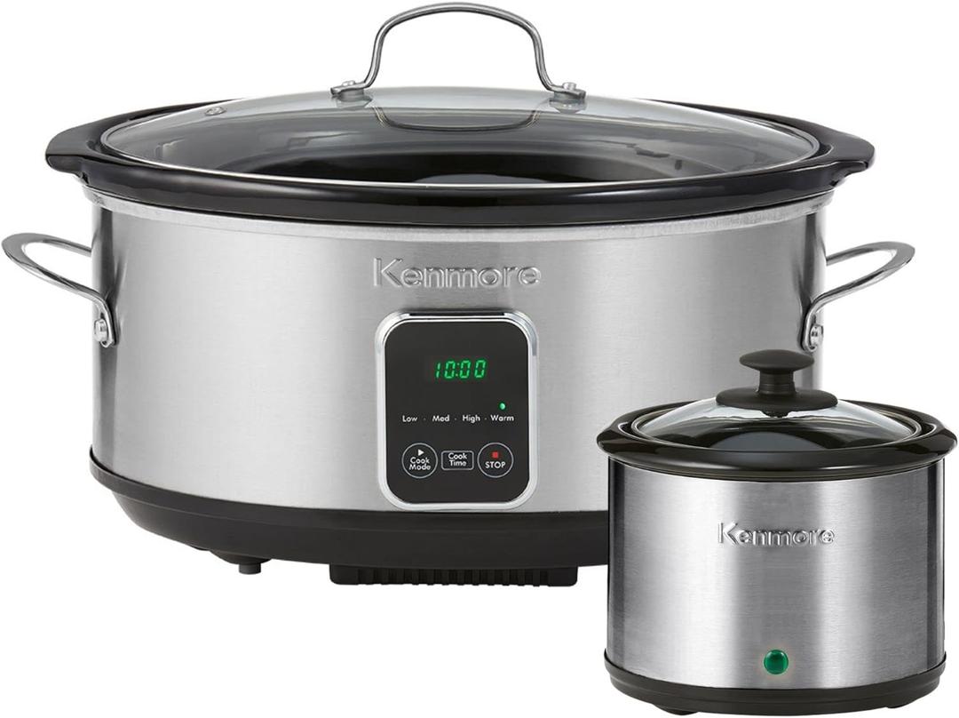 Programmable 7 qt (6.6L) Slow Cooker with Dipper Sauce-Warmer, Black and Silver, Stainless Steel, Digital Display, One-Touch Controls, Braise, Simmer, Sous Vide, Stew, Soup, Chili, Curry