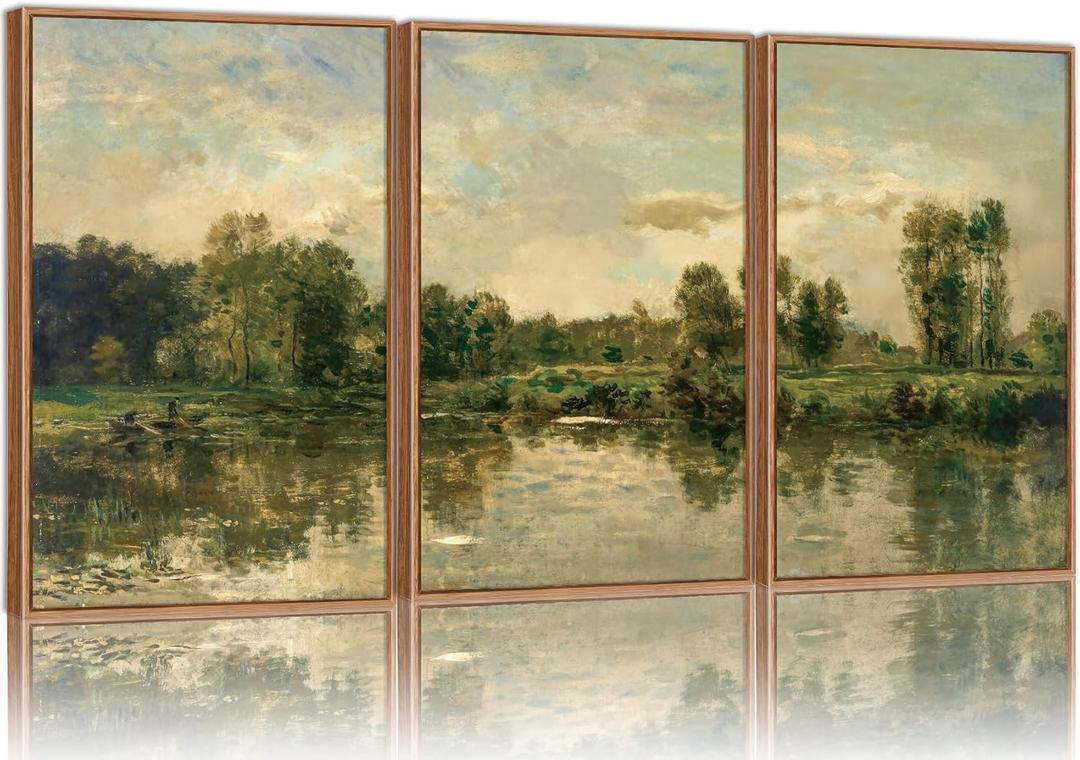 Tinonedraw Vintage Nature Framed Canvas Wall Art Set of 3, French Country Wall Decor, Olive Green Trees Art Paintings, Rustic Landscape Farmhouse Art Prints for Living Room Bedroom Office 24"x36"x3